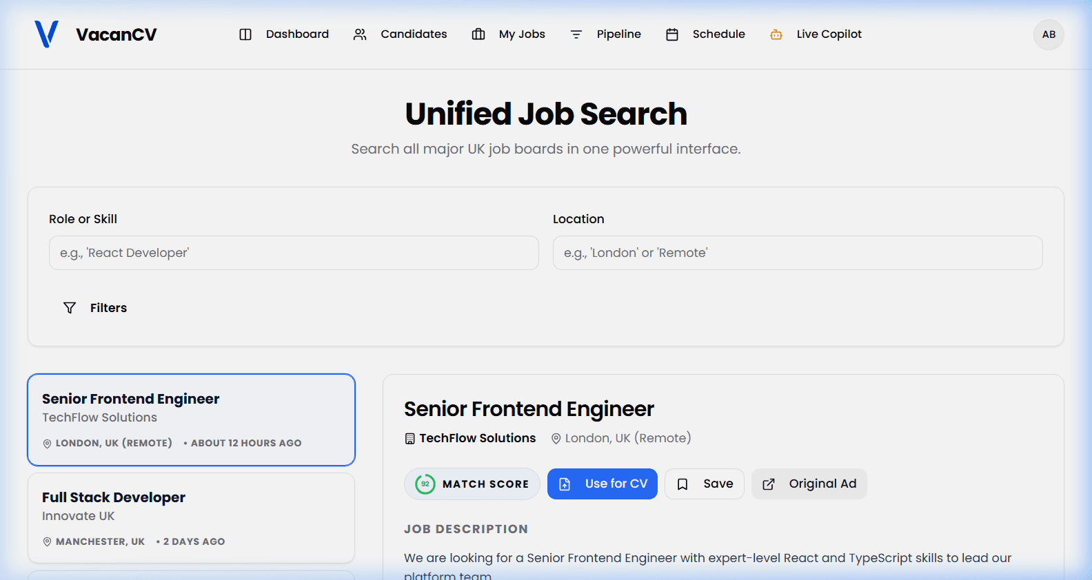 VacanCV Unified Job Search Interface