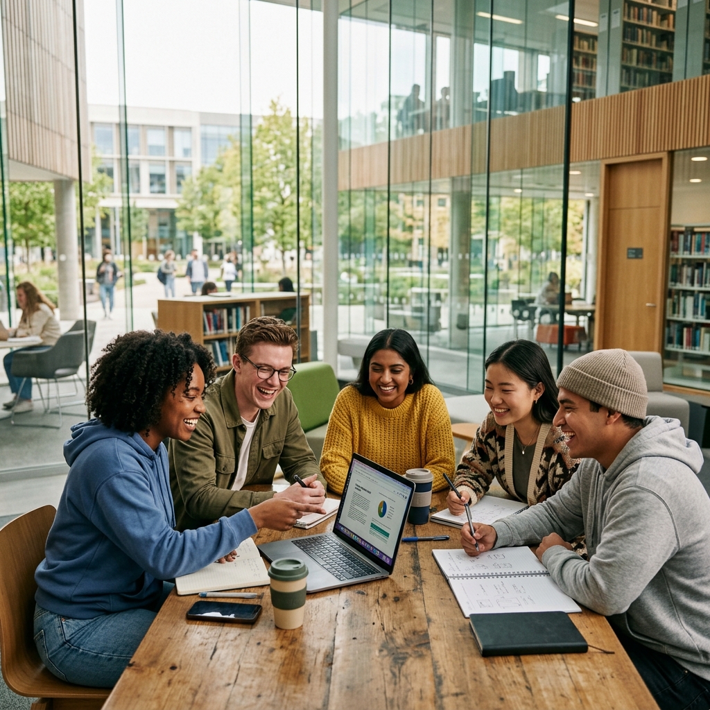 University students collaborating on campus with laptop